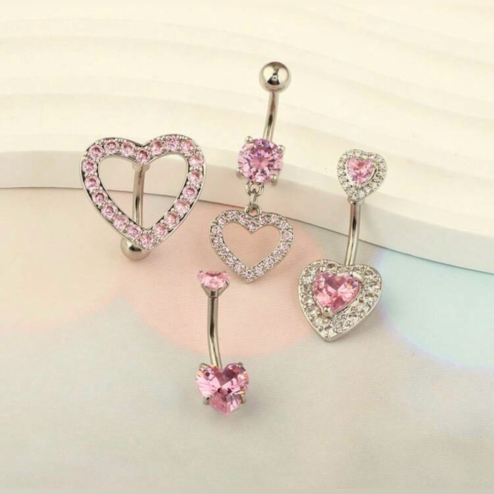 NIP Stainless Steel Belly Button Ring Jewelry Set Cubic Zirconia - Love + Hearts